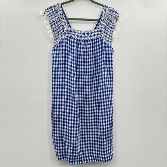J. McLaughlin 100% Linen Gingham Shift Dress M Blue White Beach Vacation Preppy - Picture 1 of 12